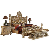 Lit double en bois massif de style européen, luxe, baroque, français, sculpté, en cuir véritable, avec coiffeuse, meubles de maison