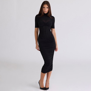 European American Style <b>Winter</b> Dress High Neck Sheer Mesh Patchwork Pleated <b>Tight</b> Fitting Long Skirt Evening Wear - Product Image 2