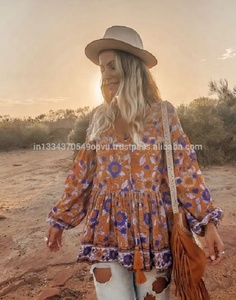Boho Floral Print 100% Cotton Loose <b>Top</b> Off-the-Shoulder Neck <b>Bubble</b> Sleeves Straight Hem Tassel Detail Summer Holiday - Product Image 3