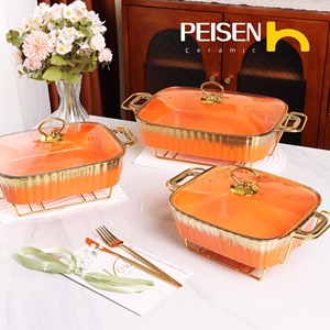 Olla Rectangular de Cerámica para Calentar Alimentos, Vajilla, Calentador de Alimentos Secos de Cerámica para Hotel, Olla para Sopa con Soporte Dorado - Product Image 1