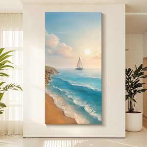 Hand Painted Oil Painting Seascape Mural 3D Effect Sunrise Beach Scene Wall <b>Art</b> For Hallway Entryway Decor Unframed - Product Image 3