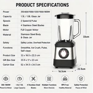 Nueva Licuadora de Mesa Eléctrica Automática de 350-1800W y 5 Velocidades, Vaso de Vidrio de 1.5L, Carcasa de Acero Inoxidable, para Preparar Smoothies - Product Image 6