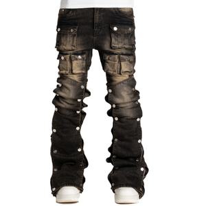 Pantalon cargo en jean pour homme, coupe bootcut, coupe skinny, effet délavé soleil, délavé à l'acide, effet vieilli, avec logo de marque personnalisé, style empilé - Product Image 2