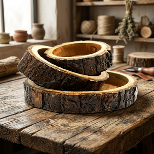 Handmade Wooden <b>Serving</b> Bowl <b>Set</b> 3 Piece Round Rustic Tableware for Salad Fruits Snacks - Product Image 2