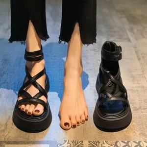 Sandalias de tacón grueso con plataforma y punta abierta, de piel sintética con banda elástica, para mujer, de verano, con aumento de altura y tacón medio - Product Image 5