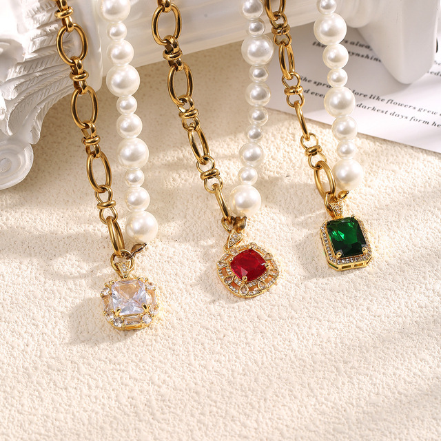 HB0441 New Exquisite Natural Jade Gemstone Charm Necklace Square Diamond Pendant Unique Stainless Steel Pearl Necklace for Women
