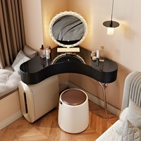 Coiffeuse de luxe minimaliste italienne à coins arrondis avec meuble de rangement et miroir LED 3 couleurs pour petite chambre