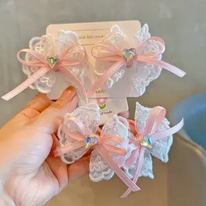 Fancy Hair Ornament White Color Lace Bow Hairgrip with Pink Ribbon Kids Stylish Bow Hair Clips and Hair Ties Hot Sell Accessory