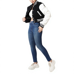 Women's Black <b>White</b> Varsity Jacket Full Sleeve Turn Down Collar Short Crop Autumn Style Women's Jackets - Product Image 1
