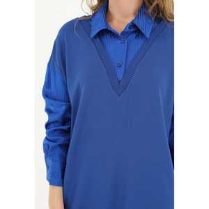 Chemise tunique en tricot pour femme avec col boutonné contrastant, à porter au quotidien, bleu - Product Image 1