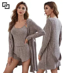 Lüks bayanlar nervürlü Loungewear kadınlar setleri özel 3 parça salonu giyim setleri kadınlar seksi pamuk pijama seti