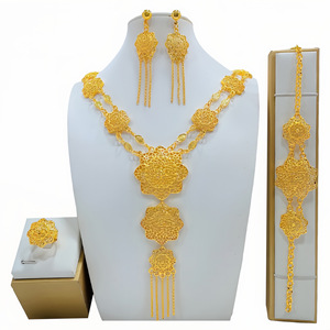 <b>Flower</b> Jewelry Set 22k Gold Plated Link Chain Women's Wedding Ethnic Necklace Earrings <b>Bracelet</b> Ring Set - Product Image 2