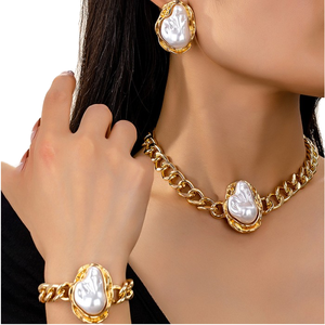 Unique Gold Plated Bracelet Earring <b>Necklace</b> <b>Set</b> Irregular Shape <b>PEARL</b> RINGS and Chains Neckless Complete Jewelry <b>Set</b> for Women - Product Image 1