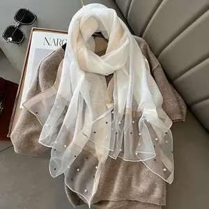 Luxury Brand Women Scarf Thin Summer Lady Beach Shawl Scarves With Pearl Muslim Fashion Foulard Female Hijab Headscarf