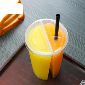 24oz 700ml PP taza de plástico transparente gemelos vasos divididos Boba té burbuja doble compartido 2 compartimentos taza de jugo con tapa logotipo personalizado - Product Image 4