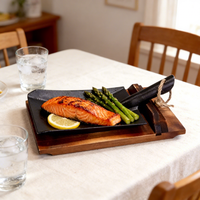 Poêle en fonte style ferme, irrégulière et créative, à bord plat, antiadhésive, pour plats spéciaux Teppanyaki, avec base en bois