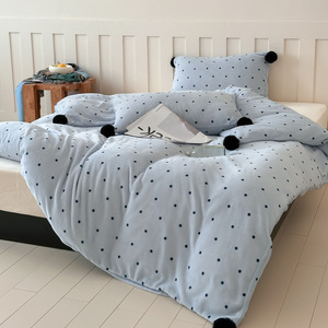 Polka Dot Milk Pom Pom Four Piece Bedding Set Coral Fleece <b>Fitted</b> <b>Sheet</b> <b>Single</b> Double Size Breathable Home Use - Product Image 3
