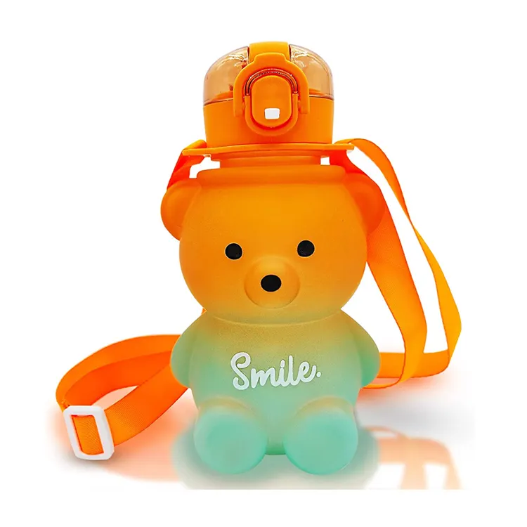 Portable Leakproof BPA-Free Drinking Kawaii Teddy Bear Water Bottle with Straw Adjustable Strap