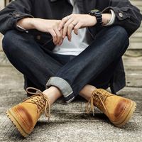 Bottes de travail pour hommes Nouveautés Printemps 2025, Bottes basses jaunes de haute qualité, Chaussures décontractées rétro à semelle épaisse en cuir de porc première couche