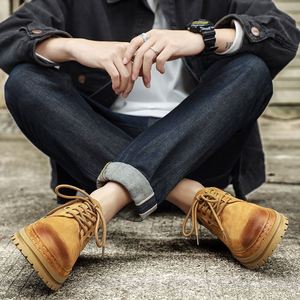 Men's Work <b>Boots</b> 2025 <b>Spring</b> New Arrivals, High-quality Low-top Yellow <b>Boots</b>, First-layer Pigskin Retro Chunky Sole Casual Shoes - Product Image 3