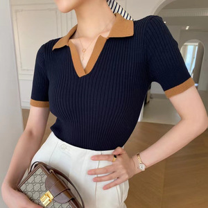 Polo stile francese da <span class=keywords><strong>donna</strong></span> maglione Top in <span class=keywords><strong>maglia</strong></span> di seta a maniche corte con scollo a V - Product Image 2