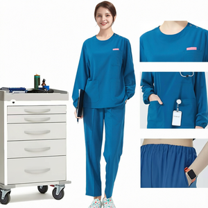 Women <b>Blue</b> <b>Scrub</b> Set Woven Cotton Polyester Hospital Uniform Pants Top Nursing Workwear - Product Image 1