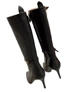 Brown Leather Pointed Toe Knee High Boots with Stiletto Heel and Buckle Detail - Product Image 6