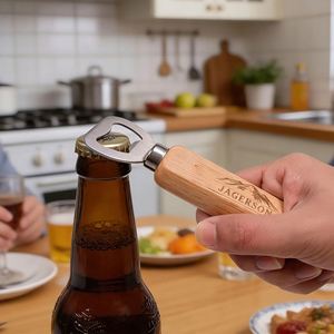 Factory Natural Rubber Wood Handle Bottle Opener Creative Stainless Steel Cap Remover <b>Kitchen</b> <b>Gadget</b> for Promotion Gift - Product Image 3