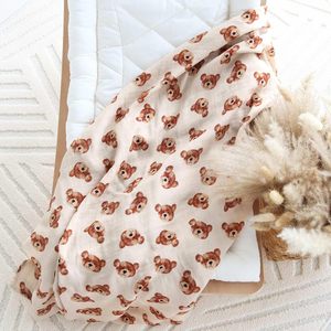 100% coton mousseline 2 couches armure couverture Ultra doux respirant lumière Beige <span class=keywords><strong>marron</strong></span> ours en peluche imprimé bébé poussette couverture - Product Image 5