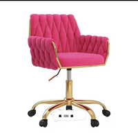 Chaise de bureau/vanité/bureau moderne en velours, réglable en hauteur, pivotante à 360°, avec accoudoirs, dossier tissé à la main, base dorée