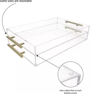 Nampan Saji Akrilik Bening (11X17) dengan Gagang Logam Emas, Anti Tumpah, Penyusun Yang Dapat Ditumpuk, Penyaji Makanan & Minuman, Dalam Ruang/Luar