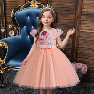 Robe de princesse pour filles, jupe en Tulle à imprimé floral, col rond, robe de demoiselle d'honneur avec manches flottantes, rose, bleu, violet - Product Image 1
