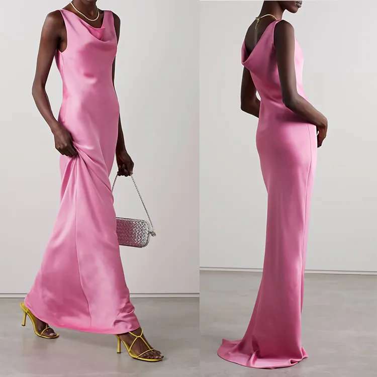 HL Factory Elegant Clothing Women Summer Slip Backless Long Maxi Evening Dress Wholesale Custom Split Silk Satin Dress