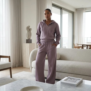 OEM Heavyweight Cotton Women Custom Logo Two Piece <b>Set</b> Luxury Lounge Wear Dusty Zip Up Hoodie and Wide Leg Baggy Sweatpants <b>Set</b> - Product Image 1