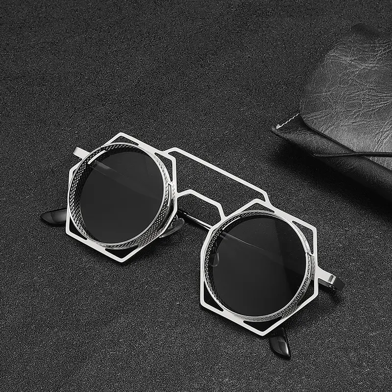 Trendy Hip Hop Style Retro Fashion Steampunk Round Sunglasses Personality Custom Logo Metal Frame Vintage Sun Shades Glasses