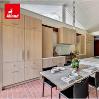 Armoires de cuisine Allandcabinet au design moderne avec portes en bois grainé du Brésil, en mélamine, avec îlot de cuisine ouvert et cuisinière à gaz
