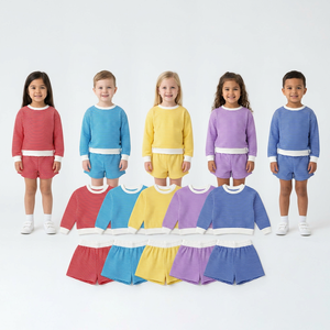 Ensemble short et haut à manches longues rayé uni pour filles, ensemble de jupes-shorts pour enfants, tenues assorties - Product Image 1