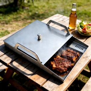 Stainless Steel Grill Pan With Lid Rectangular Griddle For Outdoor Cooking Durable Metal Barbecue <b>Tray</b> - Product Image 3