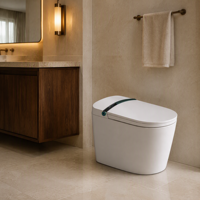 WC intelligent avec siège chauffant, désodorisation automatique, chasse d'eau cyclonique, cuvette allongée, à poser au sol, télécommande incluse