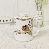 Tasse de conférence créative de fleurs et d'oiseaux de Style chinois avec couvercle tasse en céramique d'affaires de bureau à domicile avec bordure dorée