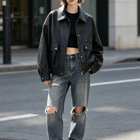 HN6102-1 European American Biker Style Oversized Silhouette Elephant Grain Sheepskin Women Lapel Collar Jacket Leather Coat