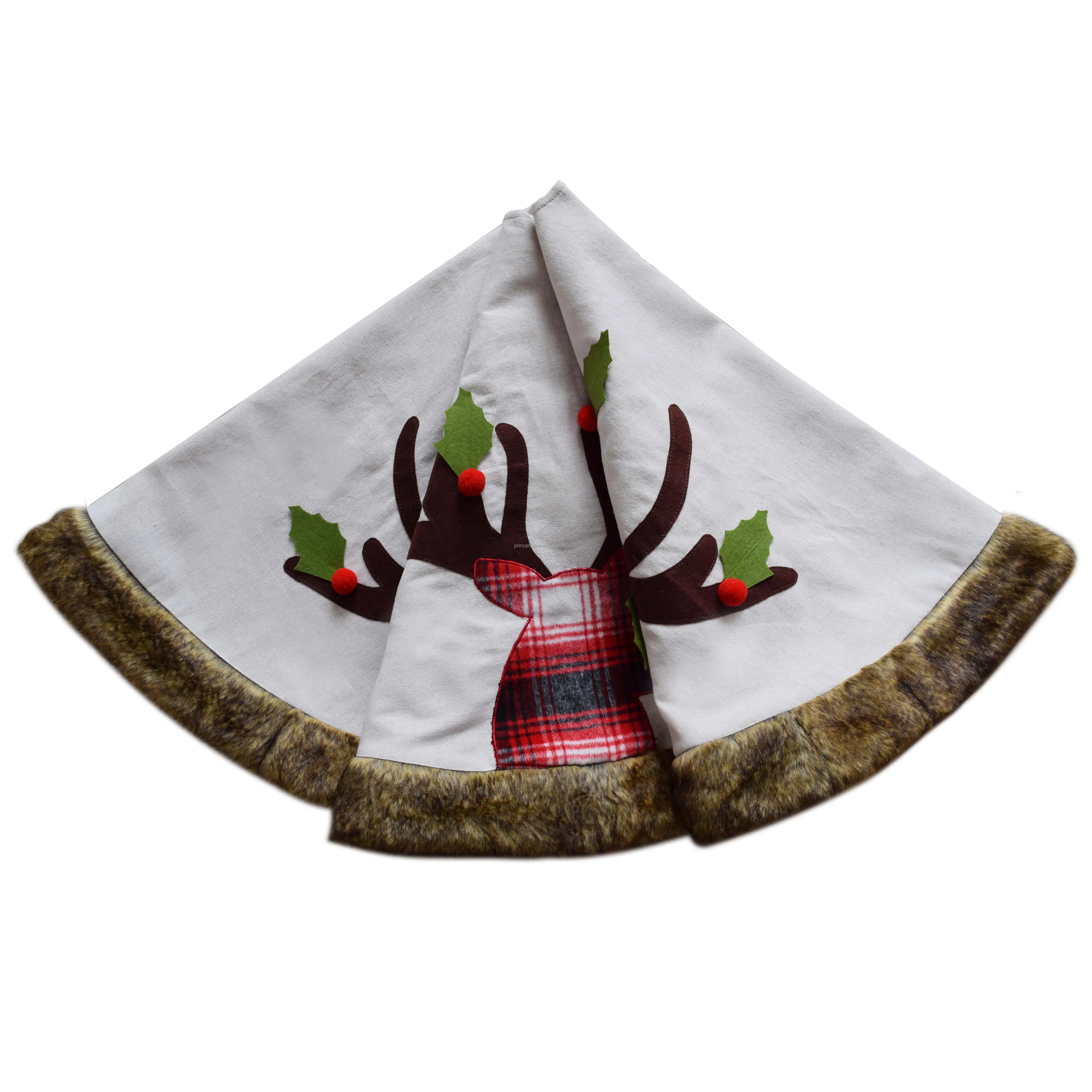50'' Merry Christmas Products Fabric Woven Mat Plaid Reindeer Embroidered Christmas Tree Skirt For Christmas Tree Decoration