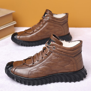 Bottes de neige montantes en cuir de vachette pour homme, chaudes, à lacets, doublées polaire, confortables, style Dad Shoes, marron et noir - Product Image 3