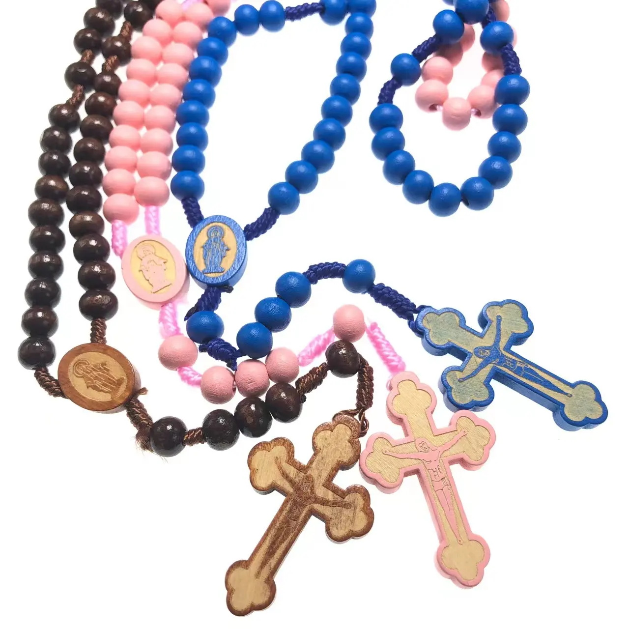 Chapelet à cordes religieux avec pendentif croix de jésus gravé, collier en perles de bois, musulman, nouveau Style