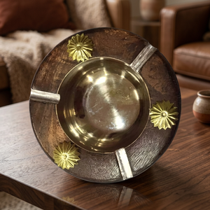 Cenicero redondo de escritorio con cuenco de metal e incrustaciones florales, estilo vintage, decoración para el hogar - Product Image 3