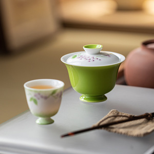 Guanlan Underglaze Painted Grape Gaiwan Porcelain Teacup With Lid Grass Green Hand Painted Kung Fu <b>Tea</b> <b>Set</b> Brewing Vessel - Product Image 4