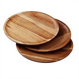 Ensemble de bols à salade et assiettes en bois d'acacia épais, écologiques, durables, élégants, cadeaux d'affaires, peints à la main, personnalisables, modernes - Product Image 1