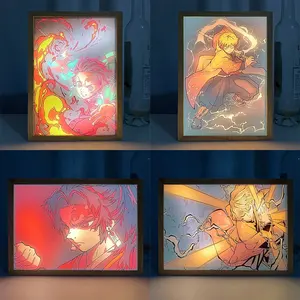 Kimetsu Não Yaiba Art Pintura Design 3D Night Lights LED 3 Cores Madeira Photo Frame Luz Decoração Do Quarto Lâmpadas Anime Demônio Slayer