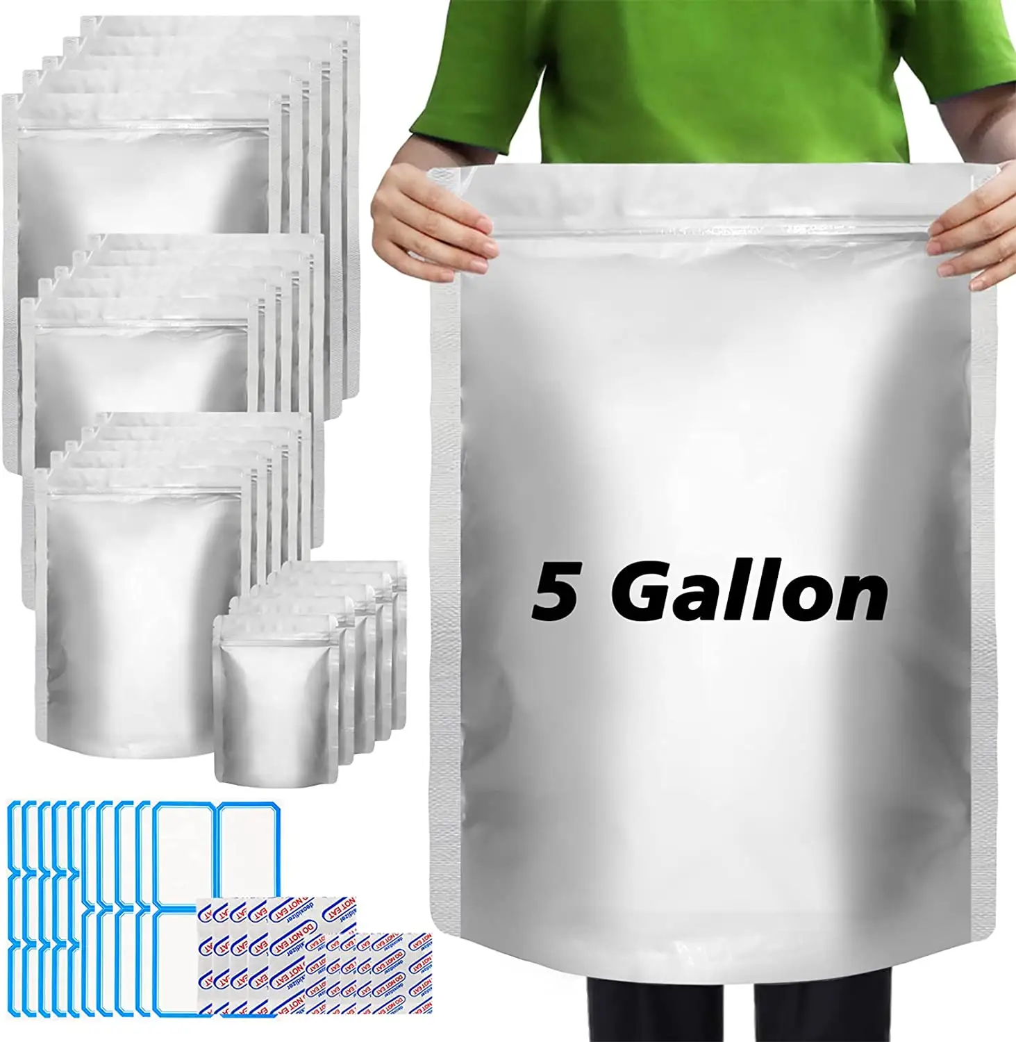 Bolsa Mylar para almacenamiento de alimentos con absorbentes de oxígeno, de aluminio puro, con cremallera resellable, a prueba de olores, de 5 galones, de gran tamaño, 1 galón
