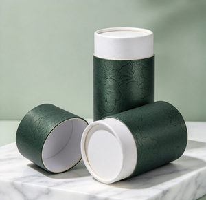 Tube en papier vert foncé gaufré à motif floral, écologique et recyclable, avec couvercle supérieur et inférieur, structure cylindrique en papier épais et rigide. - Product Image 5